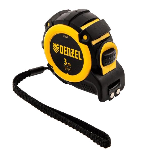 Рулетка DENZEL 31520 3м х 16мм, автоматич. фиксац., нейлон. покрытие, магнит. зацеп, двухстор. разметка