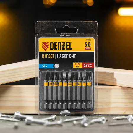 Бита DENZEL SL5,0х50, сталь S2, шестигранный профиль, 10 шт. Е 6,3