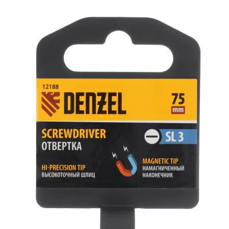 Отвертка DENZEL SL3х75 мм, CrV, трехкомпонентная рукоятка