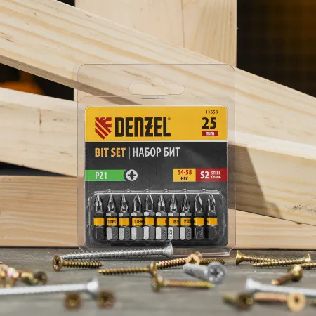 Бита DENZEL PZ1х25, сталь S2, шестигранный профиль, 10 шт. Е 6,3