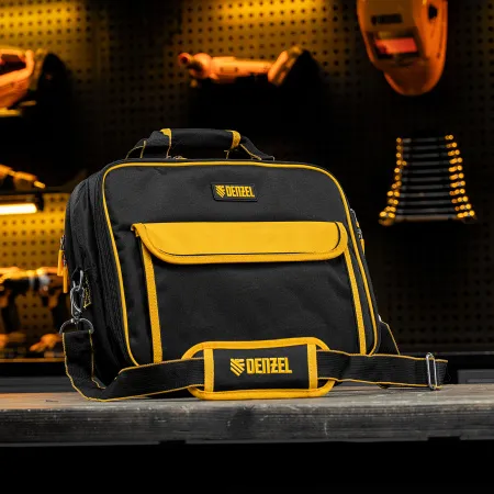 Сумка для инструмента DENZEL 400х170х300 мм, 3 отделения, 28 карманов, наплечный ремень