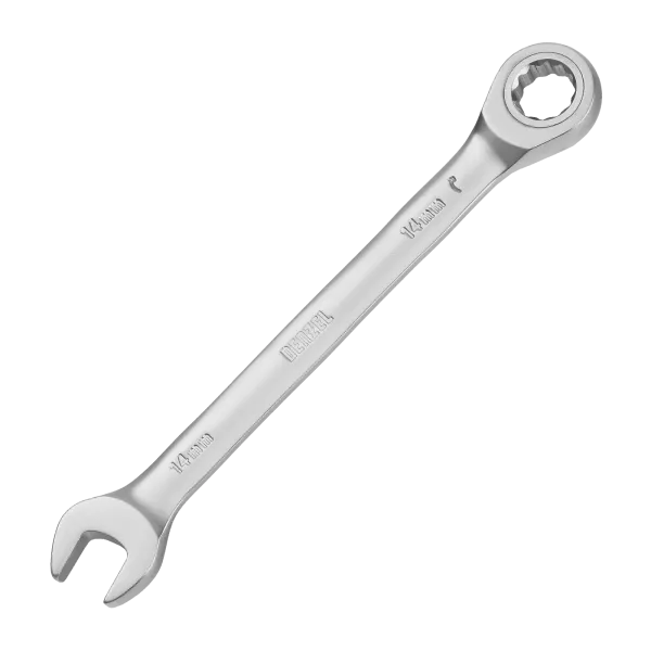 Ключ комбинированный трещоточный DENZEL, 14 мм, CrV, матовый хром