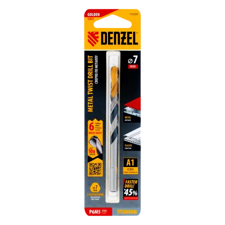 Сверло спиральное по металлу DENZEL 7,0 x 109 мм, Р6М5, Golden Tip, многогранная заточка