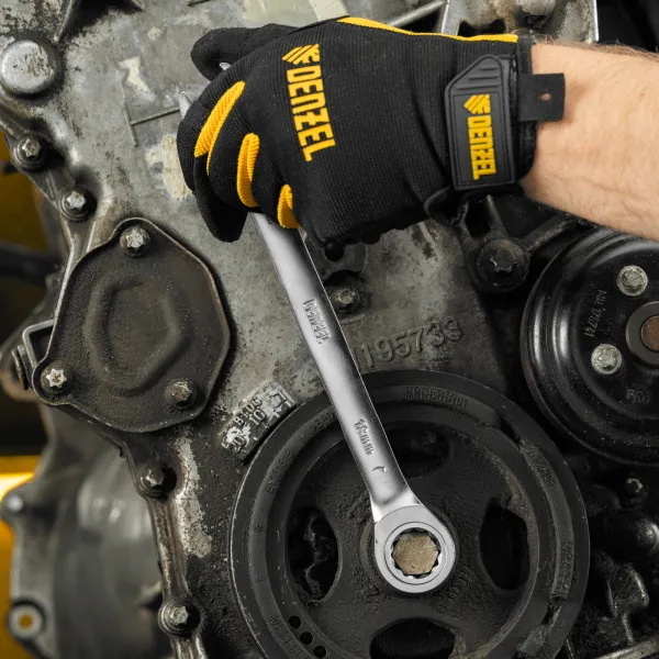 Ключ комбинированный трещоточный DENZEL, 18 мм, CrV, матовый хром