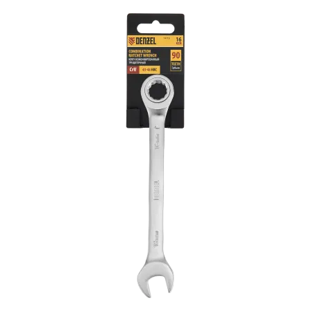 Ключ комбинированный трещоточный DENZEL, 16 мм, CrV, матовый хром