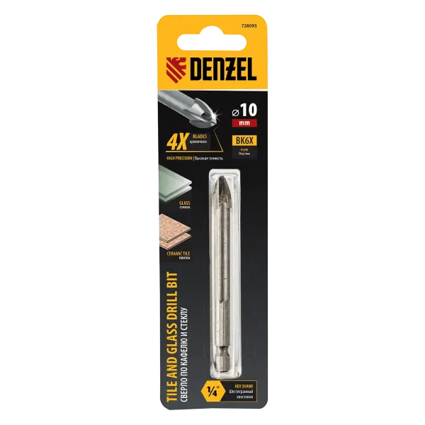 Сверло по керамической плитке DENZEL 10 мм, крестовая пластина, шестигранный хвостовик