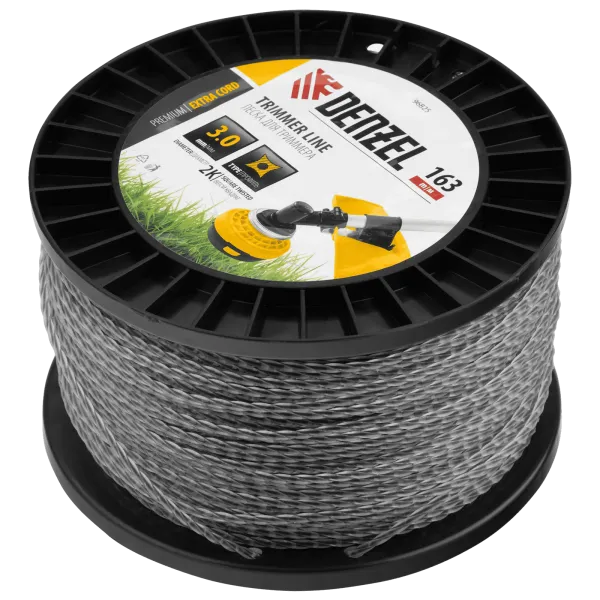 Леска для триммера DENZEL двухкомпонентная витой квадрат, 3,0мм х 163м, на DIN катушке EXTRA CORD