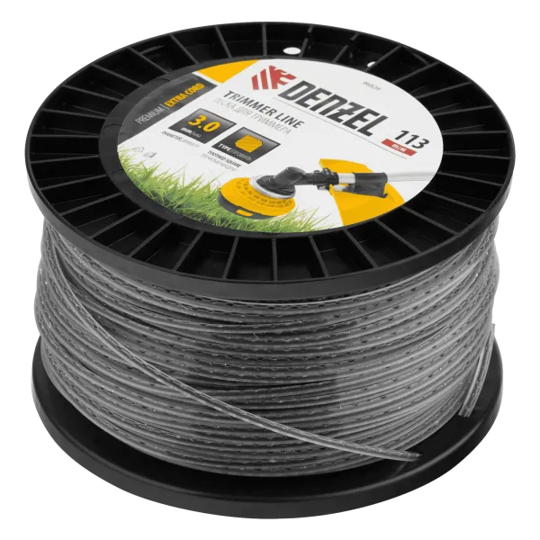 Леска для триммера DENZEL двухкомпонентная зубчатый квадрат, 3,0мм х 113м, на DIN кат. EXTRA CORD