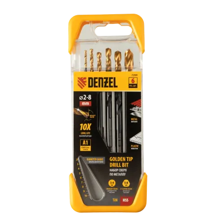 Набор сверл по металлу DENZEL 2-3-4-5-6-8 мм, HSS-Tin, Golden Tip, 6 шт
