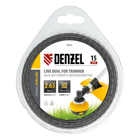 Леска для триммера DENZEL Flex Сord 96125, 2.65 мм x 15 м, двухкомпонентная, квадратная