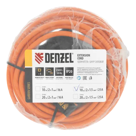 Удлинитель-шнур силовой Garden Series DENZEL, б/з, ПВС, 10м, 1 розетка, 2 x 1,5 мм