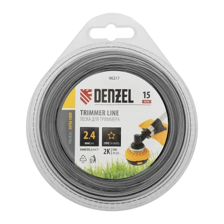 Леска для триммера DENZEL 96217 двухкомпонентная звезда, 2,4мм х 15м, блистер EXTRA CORD