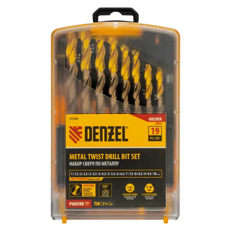 Набор сверл по металлу DENZEL, 1-10 мм, Р6М5К8-TiN, Golden Tip, 19 шт