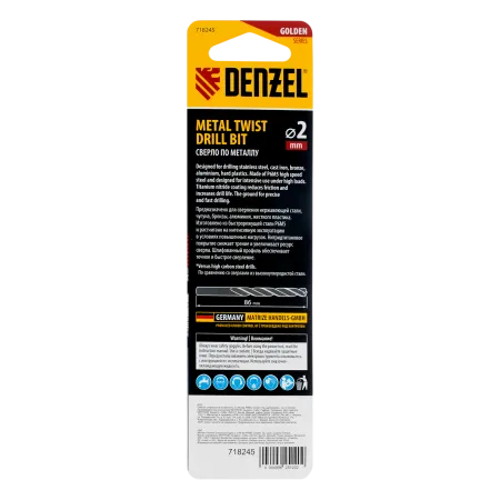 Сверло спиральное по металлу DENZEL 2 х 86 мм Р6М5, Golden Tip, удлиненное, 2шт.