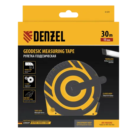 Рулетка геодезическая DENZEL 30 м х 15 мм, закрытый корпус, фиберглассовая лента