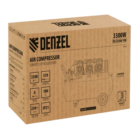 Компрессор безмасляный, малошумный DENZEL DLS 3300/100, 3300 Вт,3x1100, 100 л, 570 л/мин ,блок управления