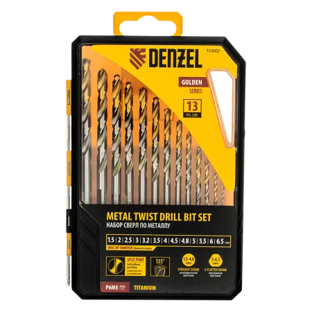 Набор сверл по металлу DENZEL, 1,5-6,5мм, Р6М5-TiN, Golden Tip, 13 шт