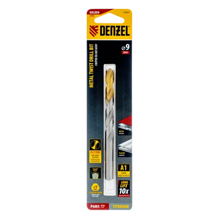 Сверло спиральное по металлу DENZEL 9 x 125 мм, Р6М5, Golden Tip