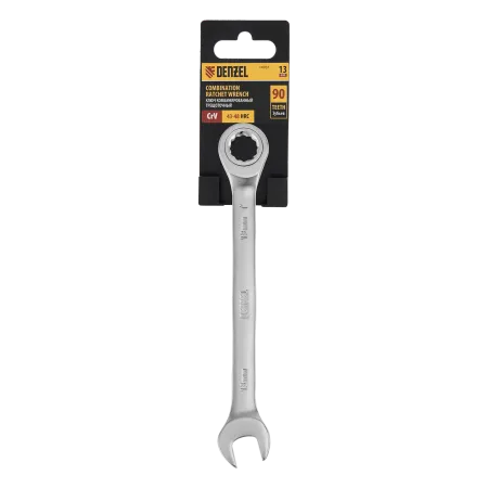 Ключ комбинированный трещоточный DENZEL, 13 мм, CrV, матовый хром