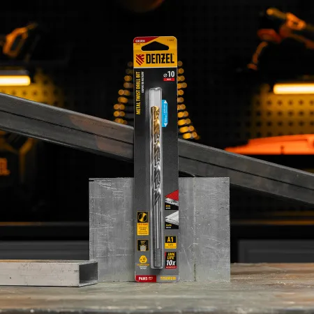 Сверло спиральное по металлу DENZEL 10 х 184 мм, Р6М5, Golden Tip, удлиненное