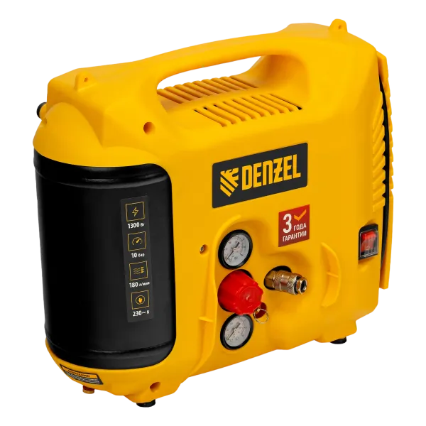Компрессор воздушный DENZEL DL1300, 10 бар, 1,3 кВт 180 л/мин 5 л, с набором аксессуаров