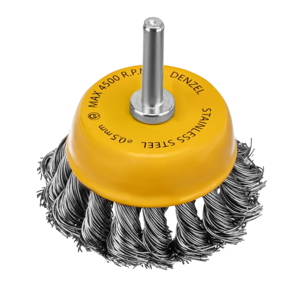 Щетка для дрели DENZEL, 65 мм, Чашка, со шпилькой, нержавеющая крученая проволока