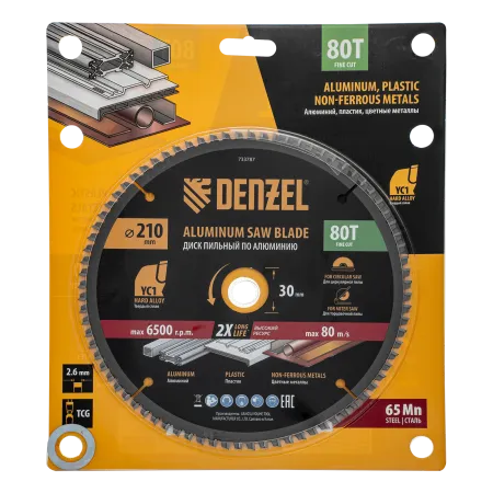 Пильный диск по алюминию DENZEL ф210 х 30 мм, 80 зубьев