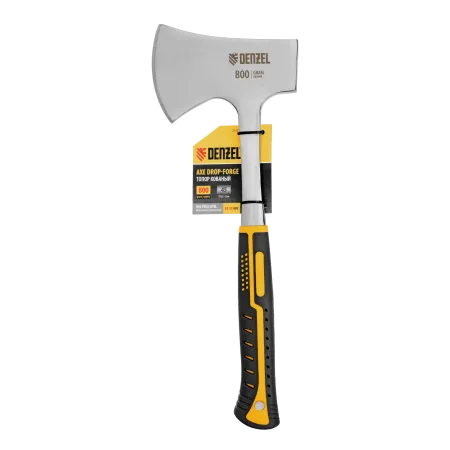 Топор цельнометаллический DENZEL, 800 г, двухкомпонентная обрезиненная рукоятка, прямой хват
