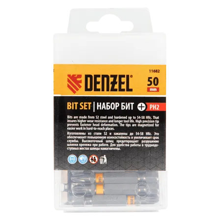 Бита DENZEL PH2х50, сталь S2, 30 шт., шестигранный профиль, пластиковая коробка, Е 6,3