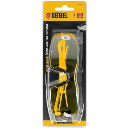 Очки защитные DENZEL открытые, поликарбонатные, желтая линза, 2х комп.дужки