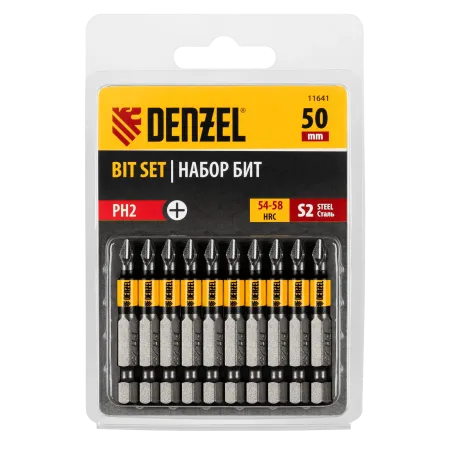 Бита DENZEL PH2х50, сталь S2, цилиндр., 10 шт. Е 6,3