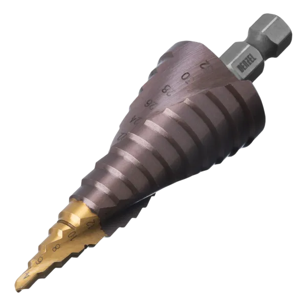 Сверло ступенчатое DENZEL, 4-6-8-10-12-14-16-18-20-22-24-26-28-30-32 мм, Р6М5К5, 6-гр. хвостовик