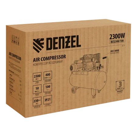 Компрессор воздушный DENZEL BCI2300/100, 2.3 кВт, ременный привод, 100 литров, 400 л/мин