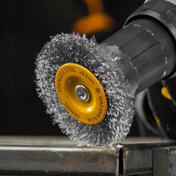 Щетка для дрели DENZEL, 75 мм, Плоская, со шпилькой, нержавеющая витая проволока