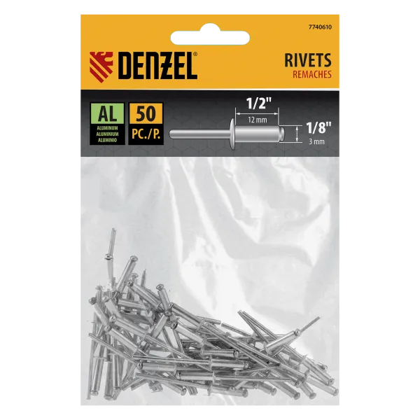 Заклепки алюминиевые DENZEL 1/8"-1/2", 3 х 12 мм, 50 шт