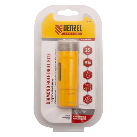 Сверло алмазное по керамограниту DENZEL 72681, 25 мм, М14, мокрая резка