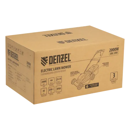 Газонокосилка электрическая DENZEL GMC-2000, шир. 44см, 2000 Вт, 6 уров., травосб. 45 л