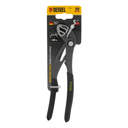 Клещи переставные DENZEL кнопочный механизм, обливные рукоятки, 180 мм