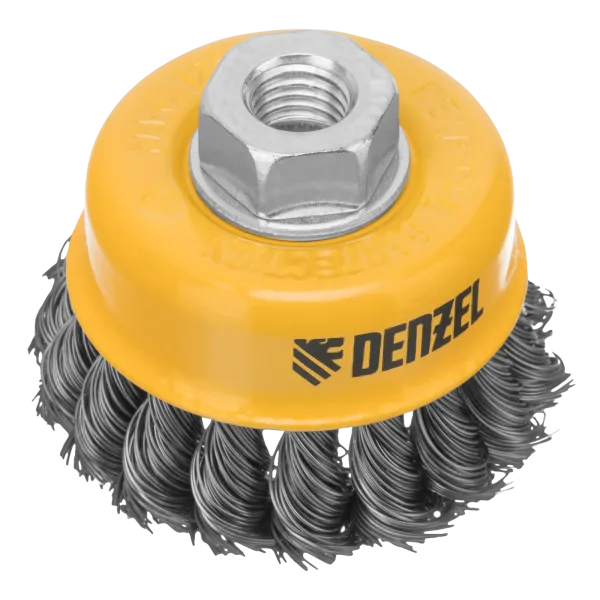 Щетка для УШМ DENZEL 746243, 75 мм, «чашка», крученая нержавеющая проволока 0.5 мм, М14
