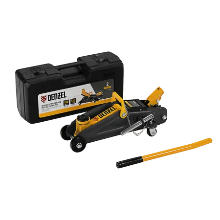 Домкрат гидравлический DENZEL подкатной с фиксатором, 2 т, 130-330 мм, в кейсе