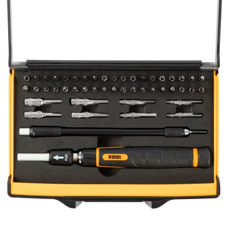 Отвертка с набором бит и торцевых головок DENZEL для точных работ, гибкий привод, 48 шт, CrMo