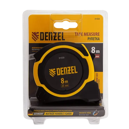 Рулетка DENZEL 8м х 25мм, двухкомп. корпус, магнитный обрезиненный зацеп