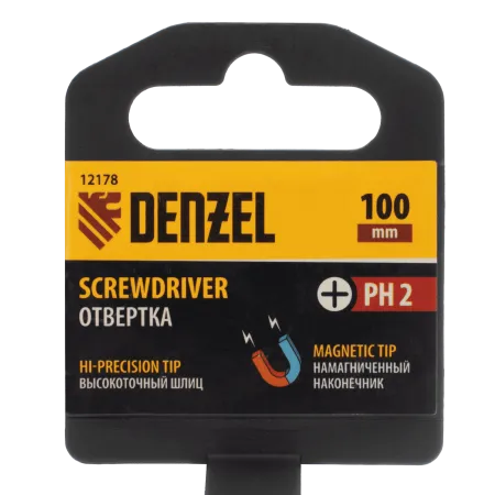 Отвертка DENZEL PH2х100 мм, CrV, трехкомпонентная рукоятка