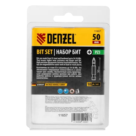 Бита DENZEL PZ3х50, сталь S2, шестигранный профиль, 10 шт. Е 6,3