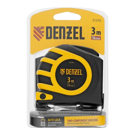 Рулетка DENZEL 3м x 16 мм, двухсторонний зацеп, нейлон, двуст. шкала, автоматич