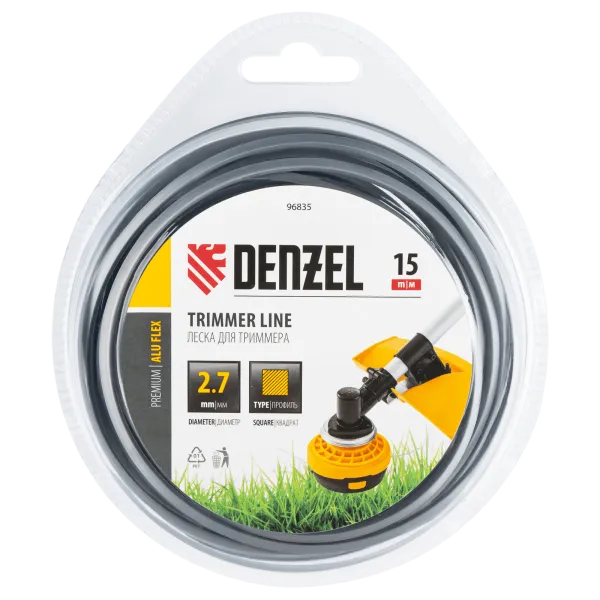 Леска для триммера DENZEL армированная алюминием квадратная, 2,7мм х 15м, блистер ALUFLEX