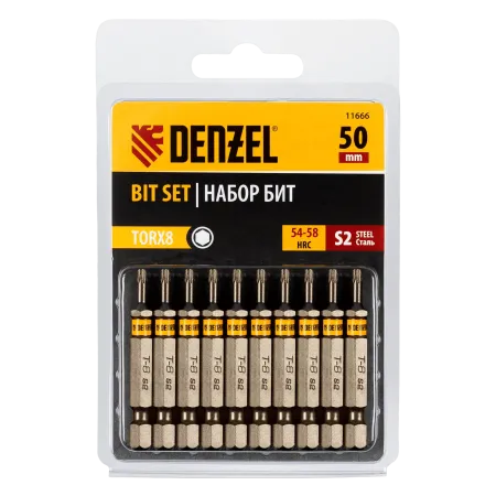 Бита DENZEL TX 8х50, сталь S2, шестигранный профиль, 10 шт. Е 6,3