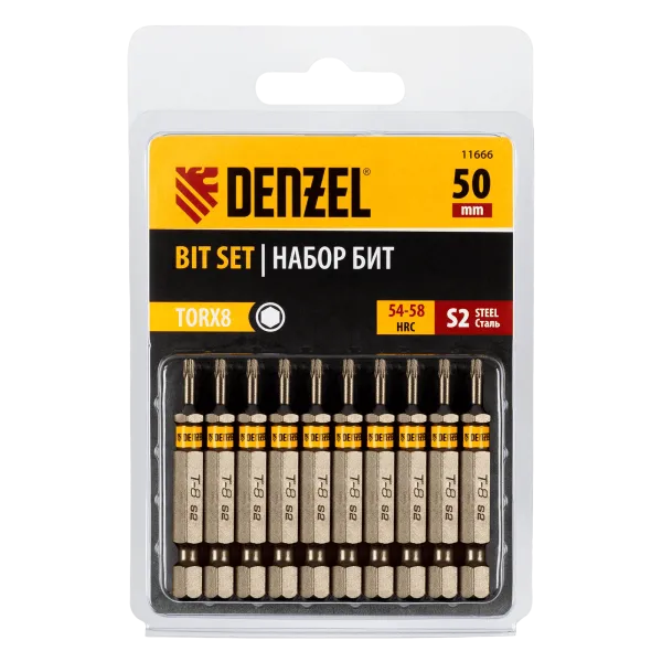 Бита DENZEL TX 8х50, сталь S2, шестигранный профиль, 10 шт. Е 6,3
