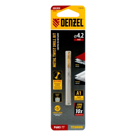 Сверло спиральное по металлу DENZEL 4,2 x 75 мм, Р6М5, Golden Tip