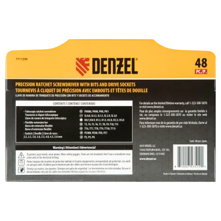 Отвертка с набором бит и торцевых головок DENZEL для точных работ, гибкий привод, 48 шт, CrMo
